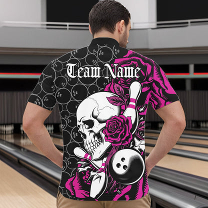 Custom Pink Roses And Skull Bowling Quarter-Zip Shirts For Men, Team Bowling League Shirt IPHW8843