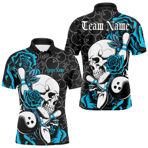Custom Blue Roses And Skull Bowling Polo Shirts For Men, Team Bowling League Shirt IPHW8844