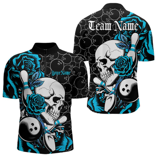 Custom Blue Roses And Skull Bowling Quarter-Zip Shirts For Men, Team Bowling League Shirt IPHW8844