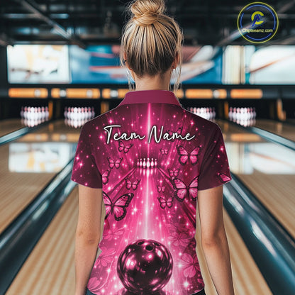 Custom Pink Galaxy Bowling Lane Butterfly Bowling Team Women Quarter-Zip Shirt IPHW10915