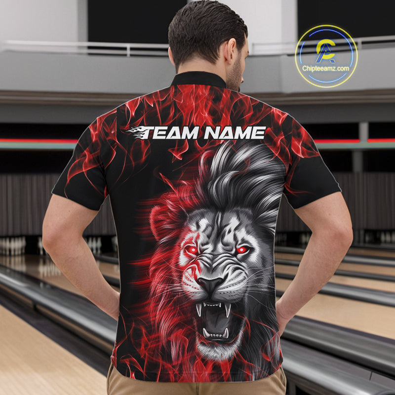 Custom Red Flame Lion Bowling Quarter-Zip Team Shirts For Men, Lion Bowling League Shirt IPHW9326