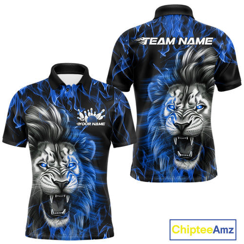Custom Blue Flame Lion Bowling Polo Team Shirts For Men, Lion Bowling League Shirt IPHW9327