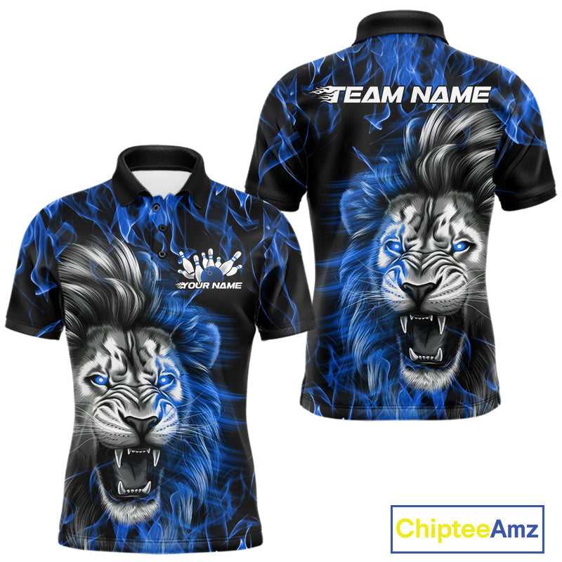 Custom Blue Flame Lion Bowling Polo Team Shirts For Men, Lion Bowling League Shirt IPHW9327