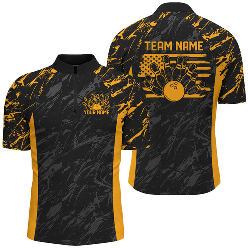 Black And Yellow Camo Custom Patriotic Bowling Shirt For Men, American Flag US Bowling League Shirt IPHW7915