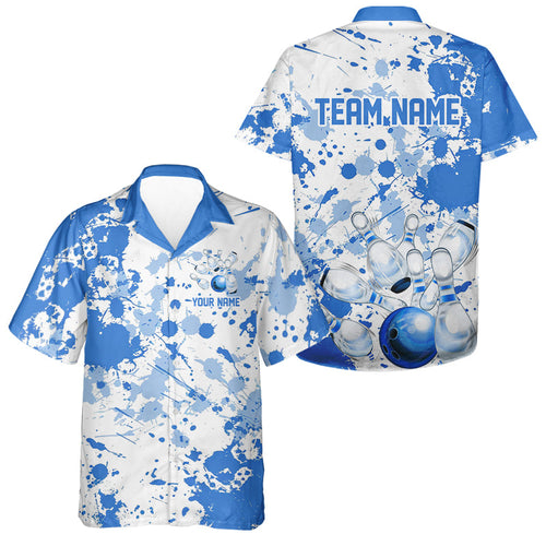 Custom White And Blue Splatter Bowling Hawaiian Shirts For Men, Bowling Team Shirts With Name IPHW7918