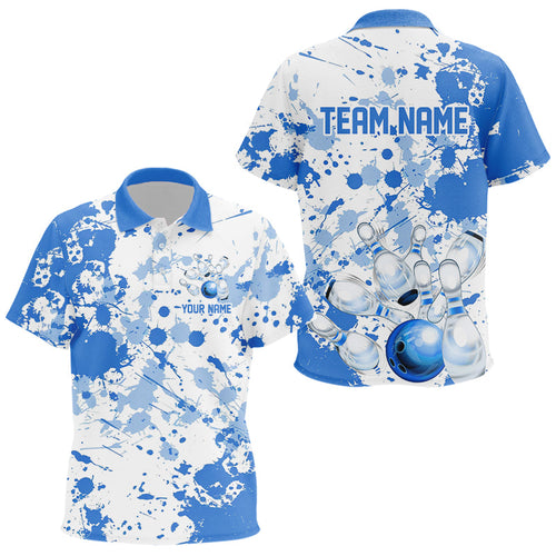 Custom White And Blue Splatter Bowling Polo Shirts For Kid, Bowling Team Shirts With Name IPHW7918