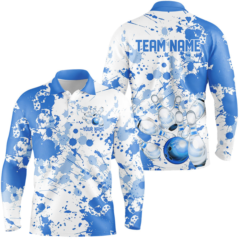 Custom White And Blue Splatter Bowling Long Sleeve Polo Shirts For Men, Bowling Team Shirts IPHW7918