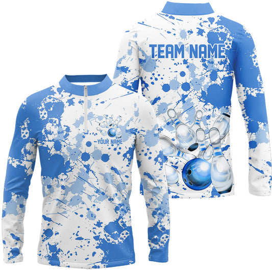 Custom White And Blue Splatter Bowling Long Sleeve Quarter-Zip Shirts For Men, Bowling Team Shirts IPHW7918