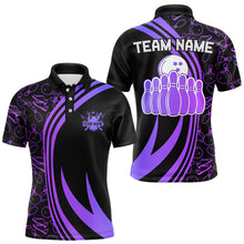 Load image into Gallery viewer, Black Mens bowling shirts Custom Purple neon team league bowling jerseys, gifts for bowlers NQS9667