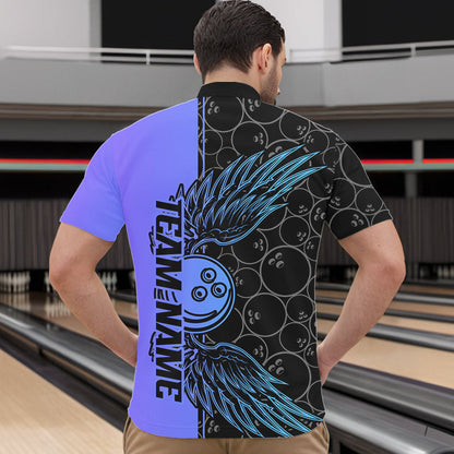 Blue And Purple Custom Bowling Tournament Men Quarter-Zip Shirts, Bowling Ball And Wings Jerseys IPHW8845