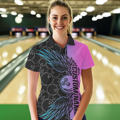 Blue And Pink Custom Bowling Tournament Women Polo Shirts, Bowling Ball And Wings Jerseys IPHW8847