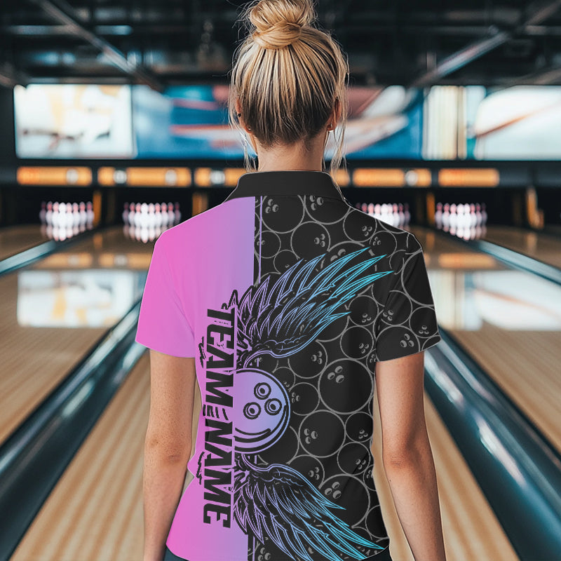 Blue And Pink Custom Bowling Tournament Women Polo Shirts, Bowling Ball And Wings Jerseys IPHW8847