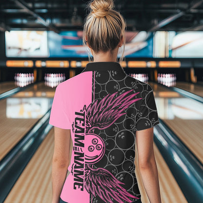 Black And Pink Custom Bowling Tournament Women Polo Shirts, Bowling Ball And Wings Jerseys IPHW8848