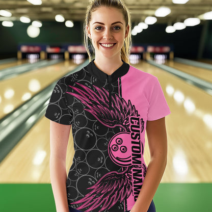 Black And Pink Custom Bowling Tournament Women Quarter-Zip Shirts, Bowling Ball And Wings IPHW8848