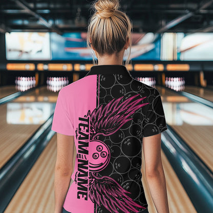 Black And Pink Custom Bowling Tournament Women Quarter-Zip Shirts, Bowling Ball And Wings IPHW8848