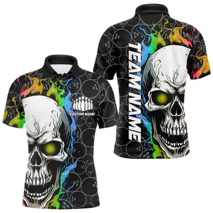 Custom Rainbow Color Flame Skull Bowling Men Polo Shirts, Bowling Pattern Team League Shirt IPHW8852