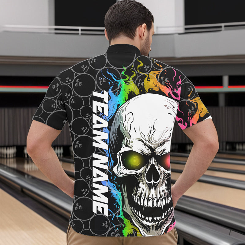 Custom Rainbow Color Flame Skull Bowling Men Quarter-Zip Shirts, Bowling Pattern Team League Shirt IPHW8852