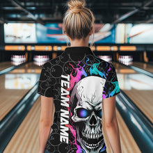Load image into Gallery viewer, Custom Blue And Pink Flame Skull Bowling Women Quarter-Zip Shirt, Bowling Team League Shirt IPHW8853