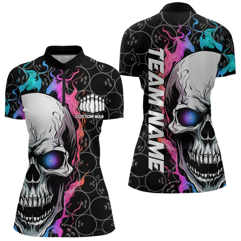 Custom Blue And Pink Flame Skull Bowling Women Quarter-Zip Shirt, Bowling Team League Shirt IPHW8853