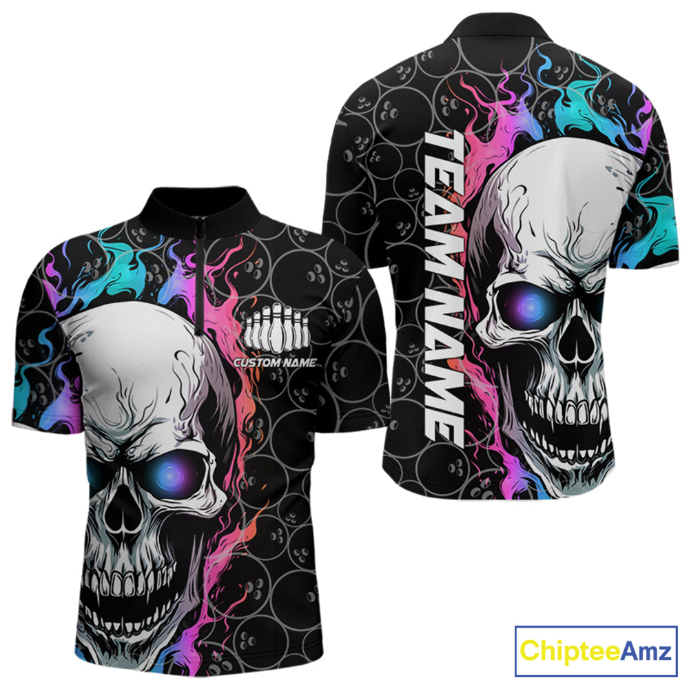 Custom Blue And Pink Flame Skull Bowling Men Quarter-Zip Shirts, Bowling Pattern Team League Shirt IPHW8853