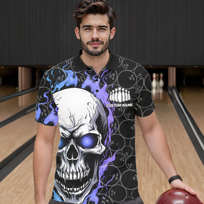 Custom Blue And Purple Flame Skull Bowling Men Polo Shirts, Bowling Pattern Team League Shirt IPHW8854