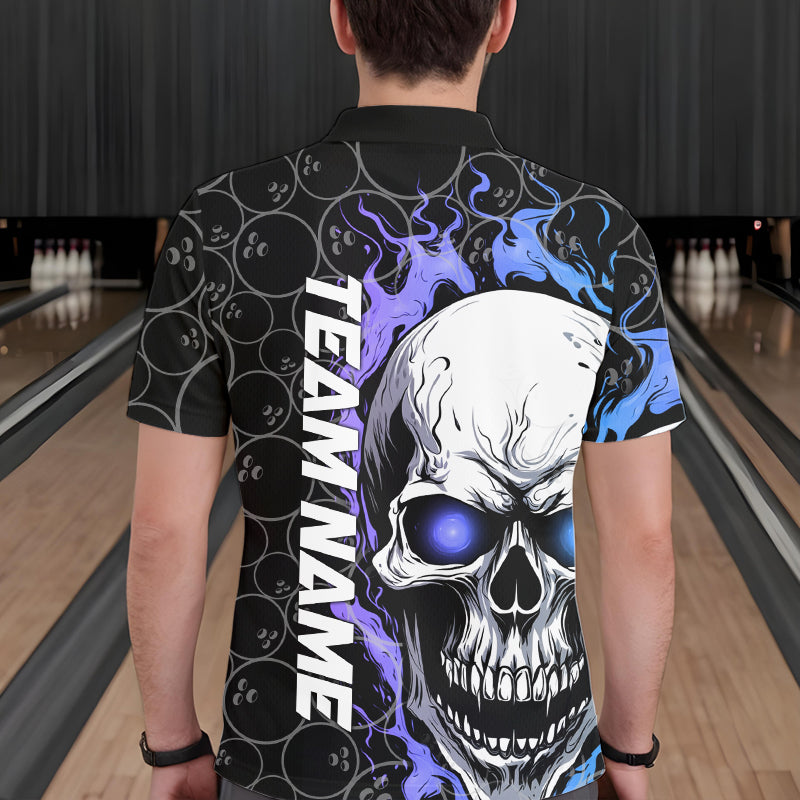 Custom Blue And Purple Flame Skull Bowling Men Polo Shirts, Bowling Pattern Team League Shirt IPHW8854