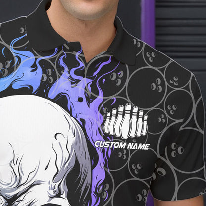 Custom Blue And Purple Flame Skull Bowling Men Polo Shirts, Bowling Pattern Team League Shirt IPHW8854