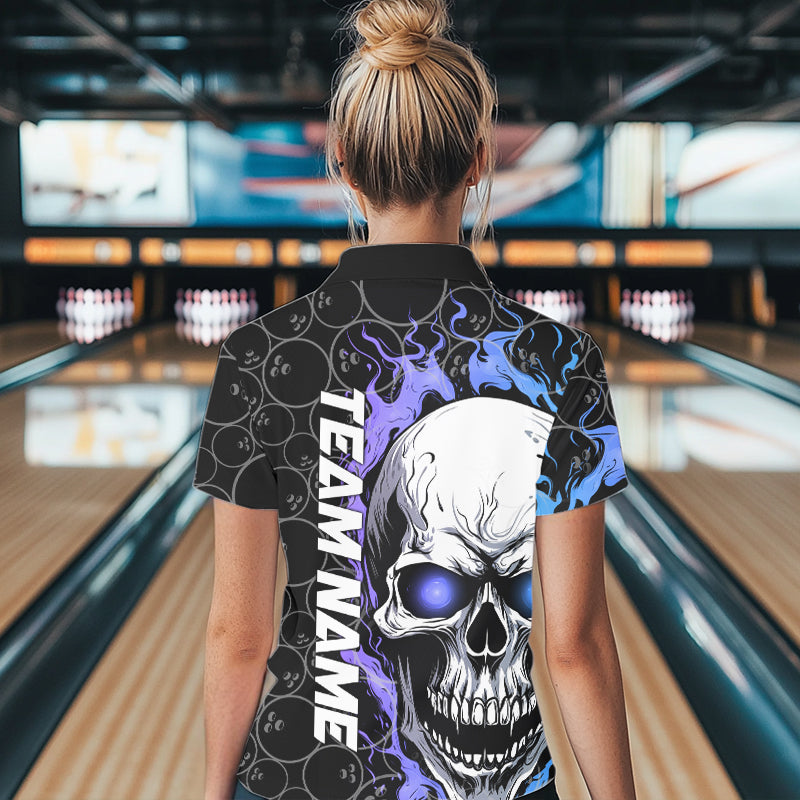 Custom Blue And Purple Flame Skull Bowling Women Polo Shirts, Bowling Team League Shirt IPHW8854
