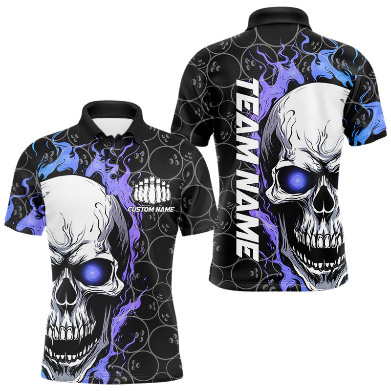Custom Blue And Purple Flame Skull Bowling Men Polo Shirts, Bowling Pattern Team League Shirt IPHW8854