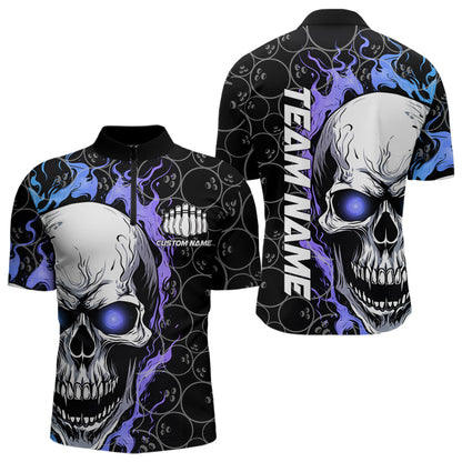 Custom Skull Bowling Quarter-Zip Shirt For Men,Flame Bowler Jerseys  5008IPHW