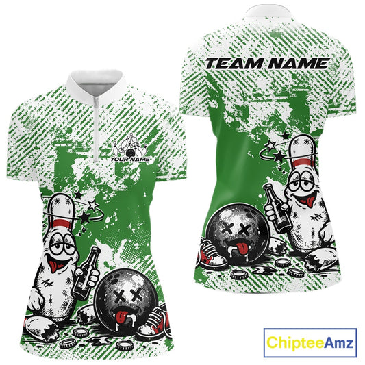 Women’s quarter zip bowling shirt mockup in green and white, grunge background with funny drunk bowling pin holding beer and bowling ball artwork
