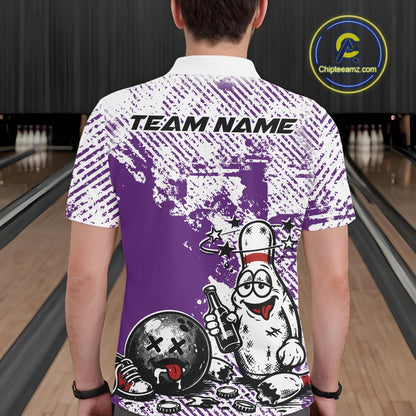 Back view of a male bowler wearing a purple and white polo shirt, grunge-style drunk cartoon bowling pin artwork with beer bottle and bowling ball.