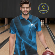 Load image into Gallery viewer, Man in a blue bowling shirt with a logo on a bowling alley background