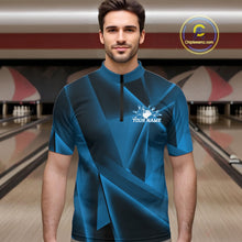 Load image into Gallery viewer, Man wearing a blue bowling shirt with a personalized design in a bowling alley.