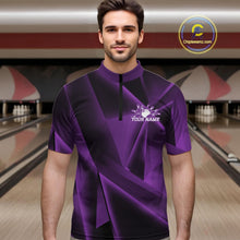 Load image into Gallery viewer, Man wearing a purple and black bowling shirt with a personalized name on a bowling alley background