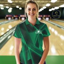 Load image into Gallery viewer, Person wearing a green bowling shirt with a logo and text in a bowling alley.