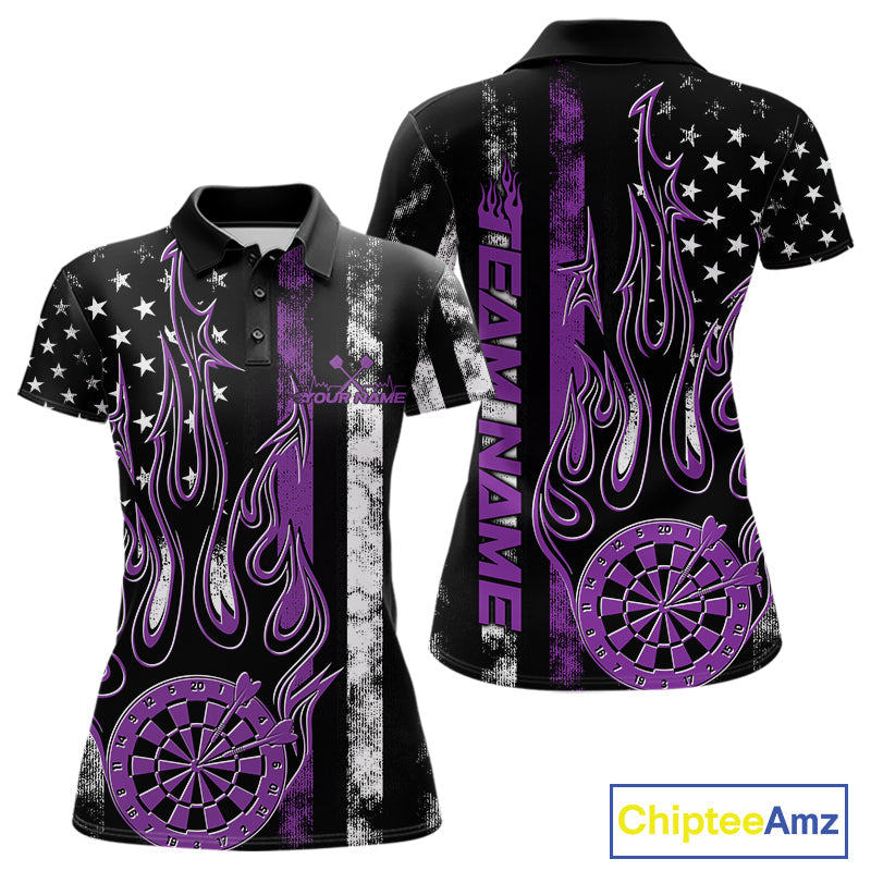 Custom Purple Thin Line US Flag Patriotic Flame Dartboard Women Polo Shirt, Dart Jersey IPHW9642
