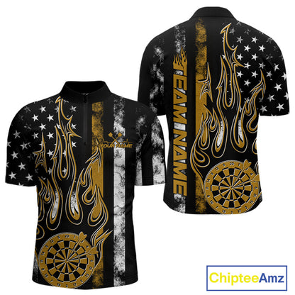 Custom Yellow Thin Line US Flag Patriotic Flame Dartboard Dart Men Quarter-Zip Shirt, Dart Jersey IPHW9643