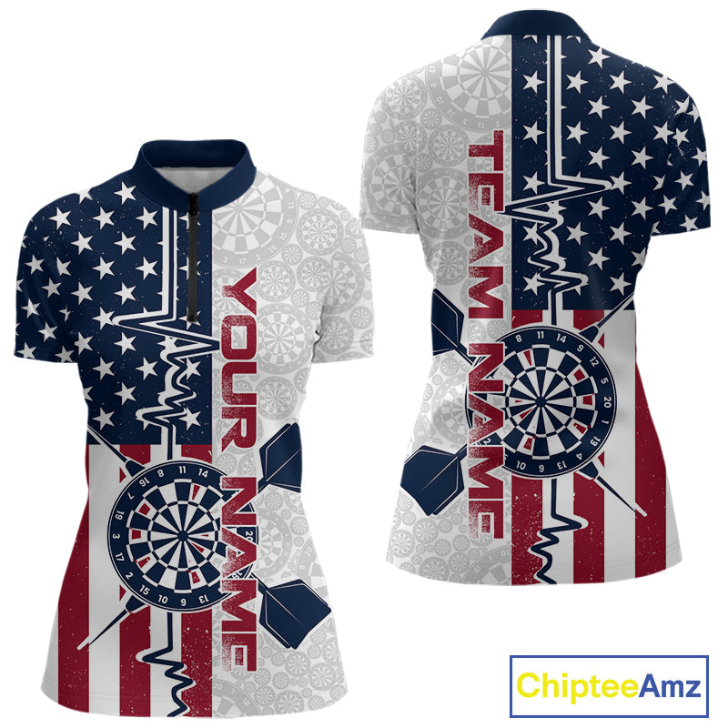 Custom US Flag Patriotic Dart Pulse Line Quarter-Zip Shirts For Women, Dart Team Shirt IPHW9650
