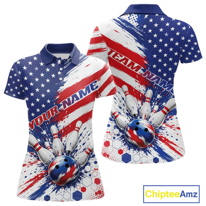 Custom Patriotic American Bowling Women Polo Shirt, US Flag Splatter Bowling Jersey IPHW11844
