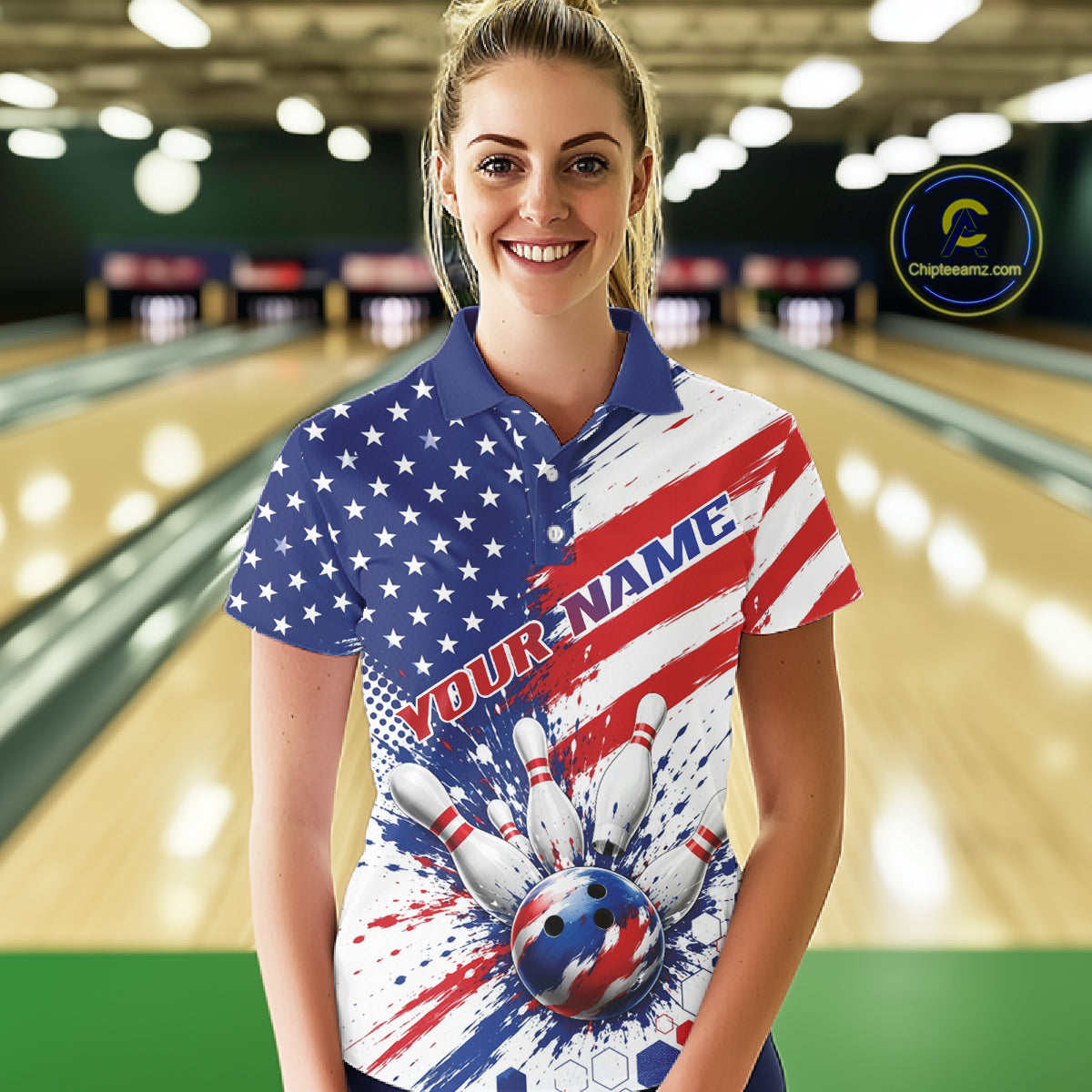 Custom Patriotic American Bowling Women Polo Shirt, US Flag Splatter Bowling Jersey IPHW11844
