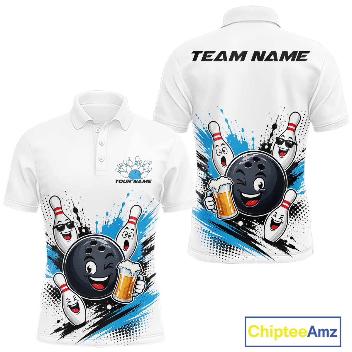Custom White And Blue Funny Beer Bowling Men Polo Shirt, Beer Drinking Party Bowling IPHW11851