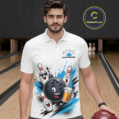 Custom White And Blue Funny Beer Bowling Men Polo Shirt, Beer Drinking Party Bowling IPHW11851