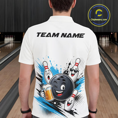 Custom White And Blue Funny Beer Bowling Men Polo Shirt, Beer Drinking Party Bowling IPHW11851