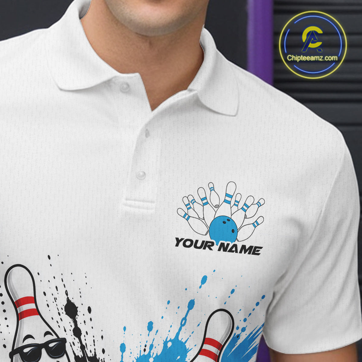 Custom White And Blue Funny Beer Bowling Men Polo Shirt, Beer Drinking Party Bowling IPHW11851