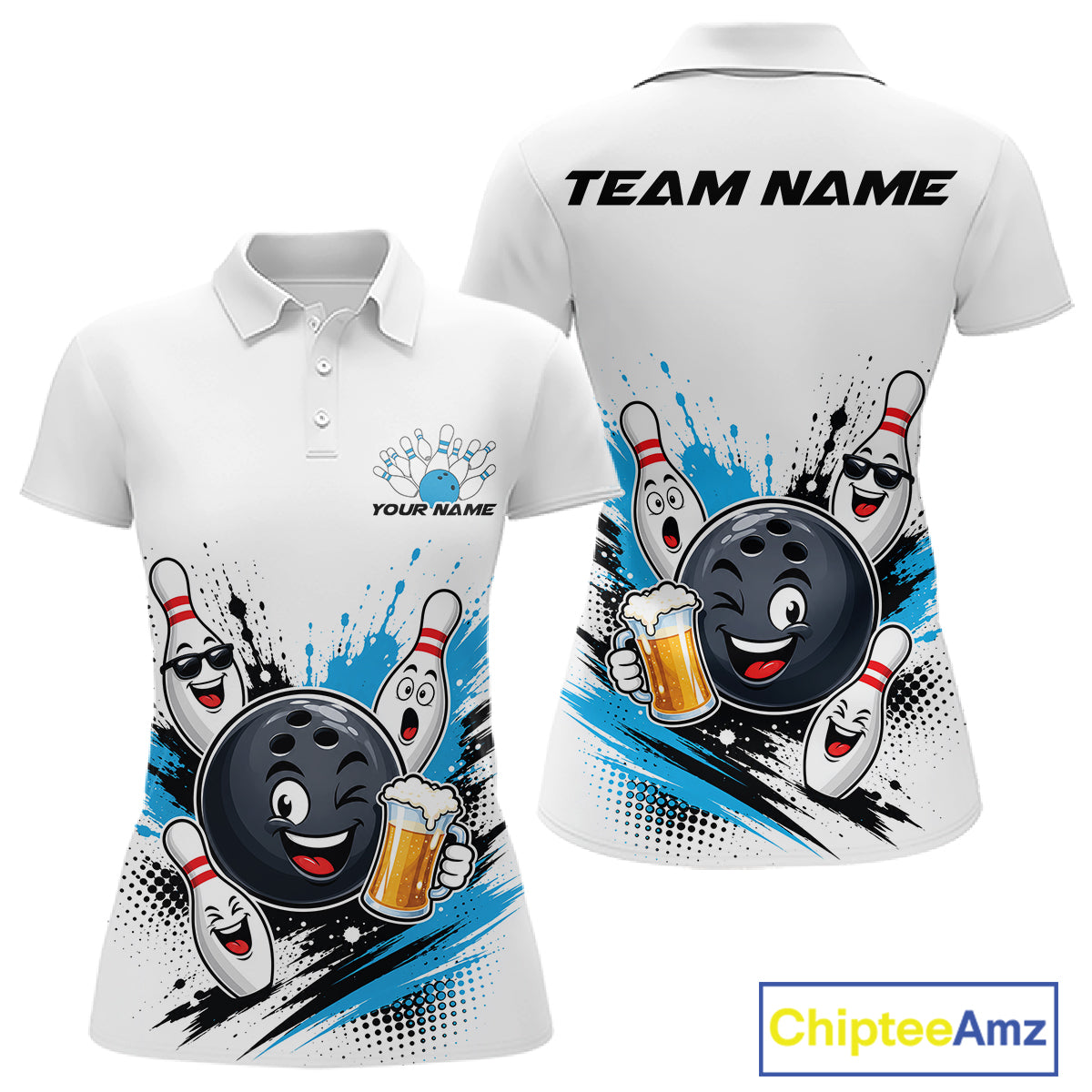 Custom White And Blue Funny Beer Bowling Women Polo Shirt, Beer Drinking Party Bowling IPHW11851
