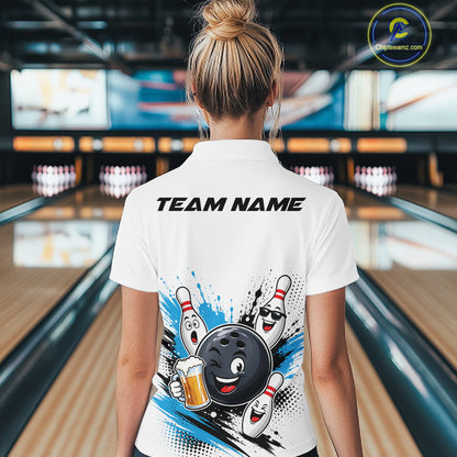 Custom White And Blue Funny Beer Bowling Women Polo Shirt, Beer Drinking Party Bowling IPHW11851