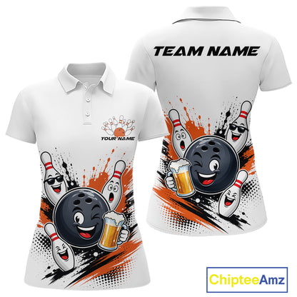 Custom White And Orange Funny Beer Bowling Women Polo Shirt, Beer Drinking Party Bowling IPHW11852