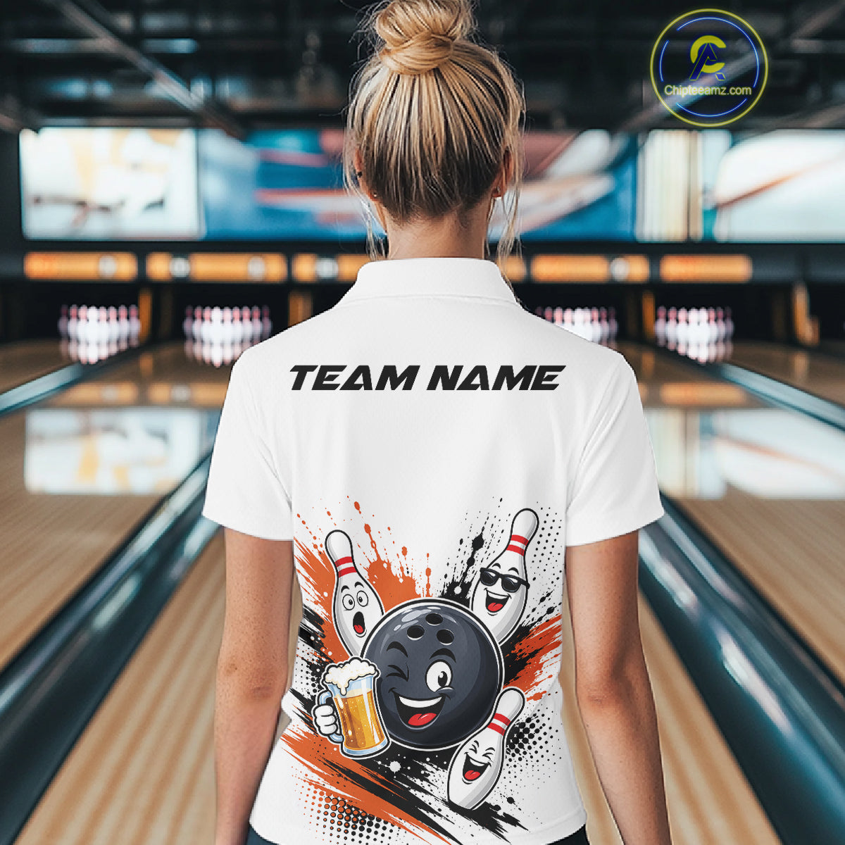 Custom White And Orange Funny Beer Bowling Women Polo Shirt, Beer Drinking Party Bowling IPHW11852