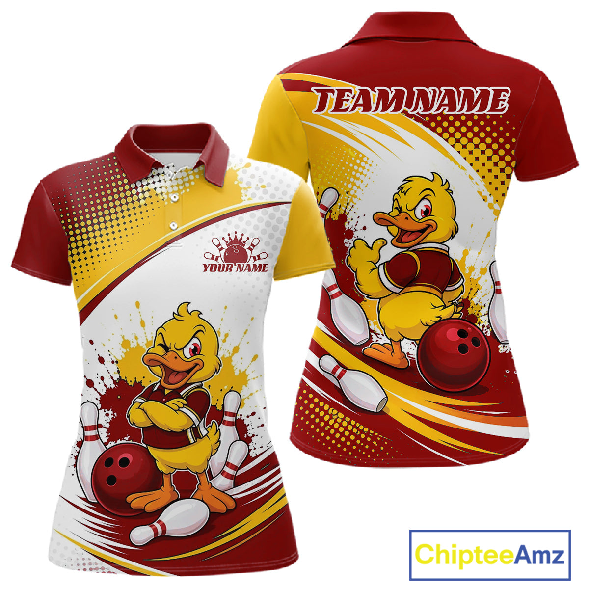 Custom Red And Yellow Funny Duck Bowling Team Women Polo Shirt, Bowling Jersey IPHW11858